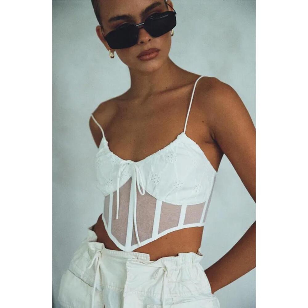SABO Skirt White Embroidered Mesh Corset Cami Top Size Medium